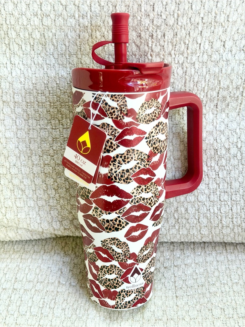 Wellness Straw Tumbler 40oz Leopard Print Kiss Red Glitter Lipstick Hot/Cold NWT